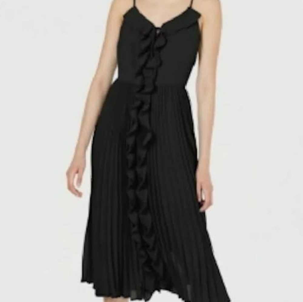 Womens Deep Black spaghetti strap dress with beautiful ruffle dress with pleats